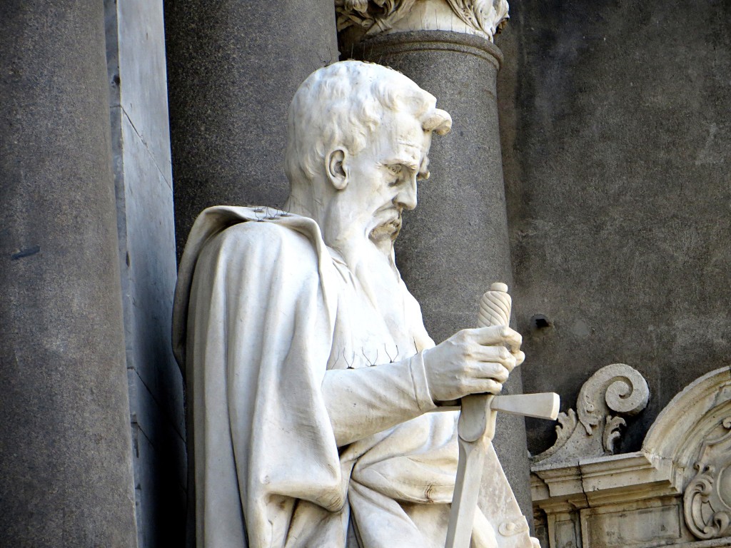 This saint looks pretty serious. Note also the heavy use of lava stone in architecture -- something they have in abundance here at the foot of Mt. Etna.