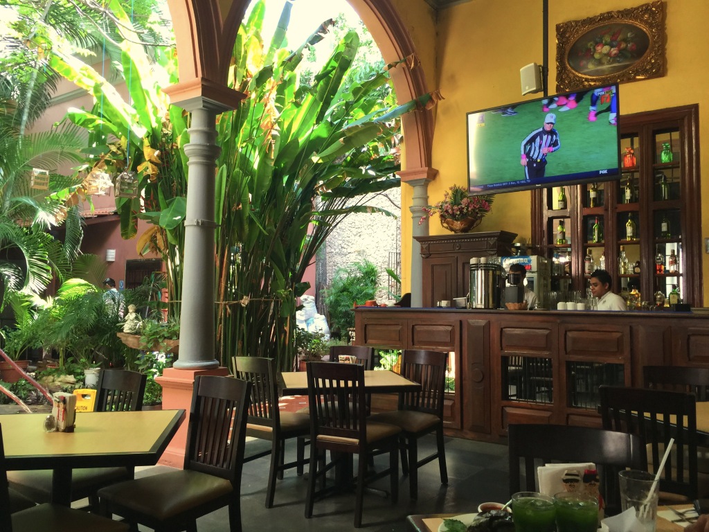 This cute little restaurant was Sunday lunch. Great courtyard, great Mayan food, beautiful wooden bar - and the Detroit Lions in the background!