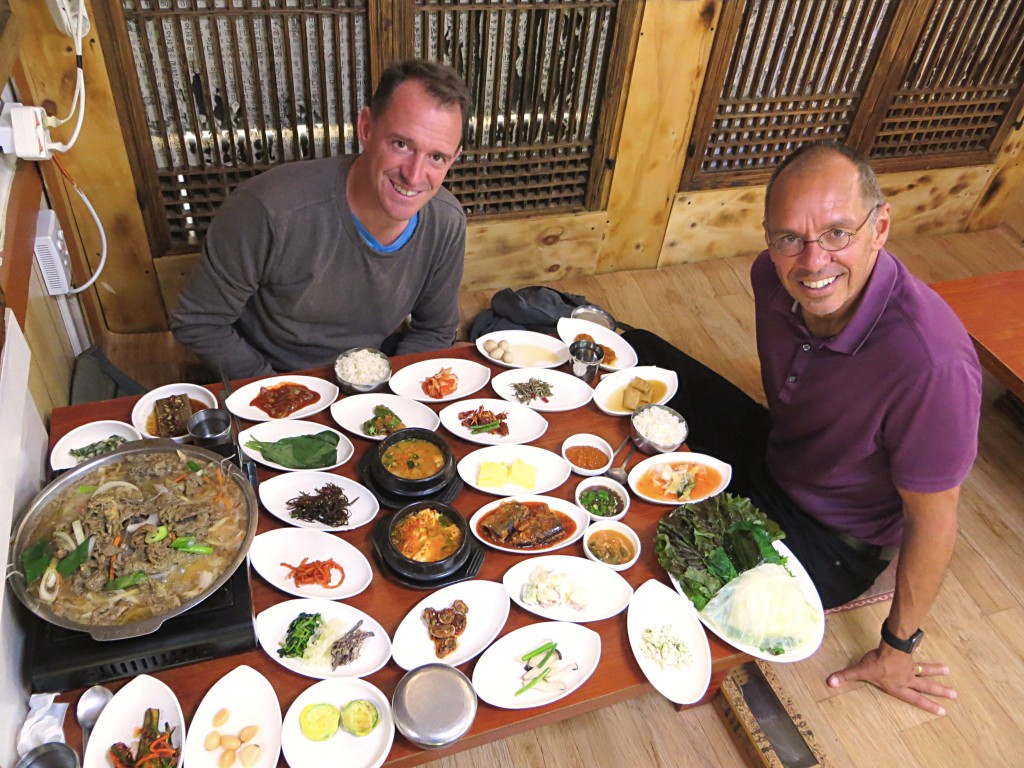 This is bulgogi, a traditional Korean dish. Many places served lots of side dishes with it, but this place had over 30 side dishes. Amazing and unforgettable.