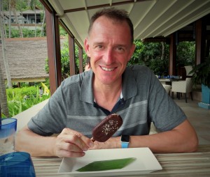 Enjoying a chocolate ice cream bar for Mark's birthday lunch. This was no ordinary dessert, though - this was the end of a fabulous meal at the Four Seasons Resort on the northern tip of the island!