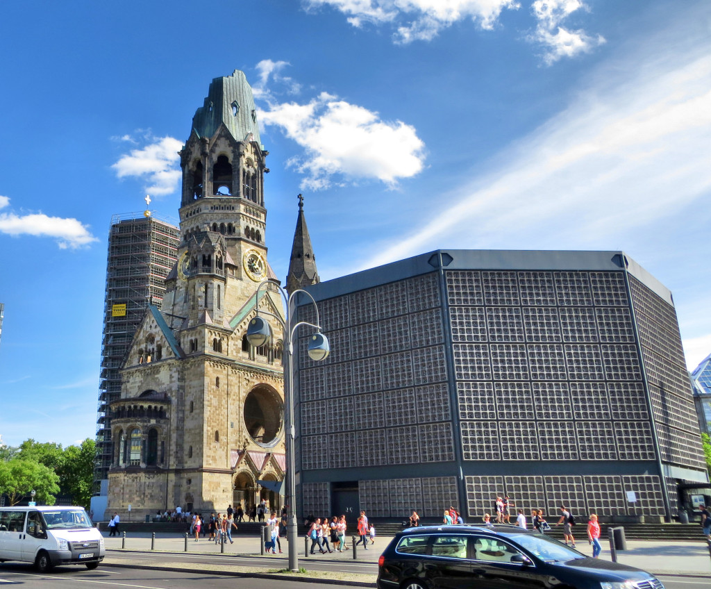 The Kaiser Wilhelm Memorial Church, consisting of the remains of the late 19th century original, severely damaged during the war, and the 1960s new construction in front