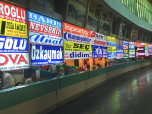 These are just some of the bus companies operating at the Izmir bus stop. We're getting around Turkey on buses and dolmas, minibuses that ply secondary routes. The system is comprehensive and the buses have been really good. But gee, how many bus companies do they need? A lot, apparently.
