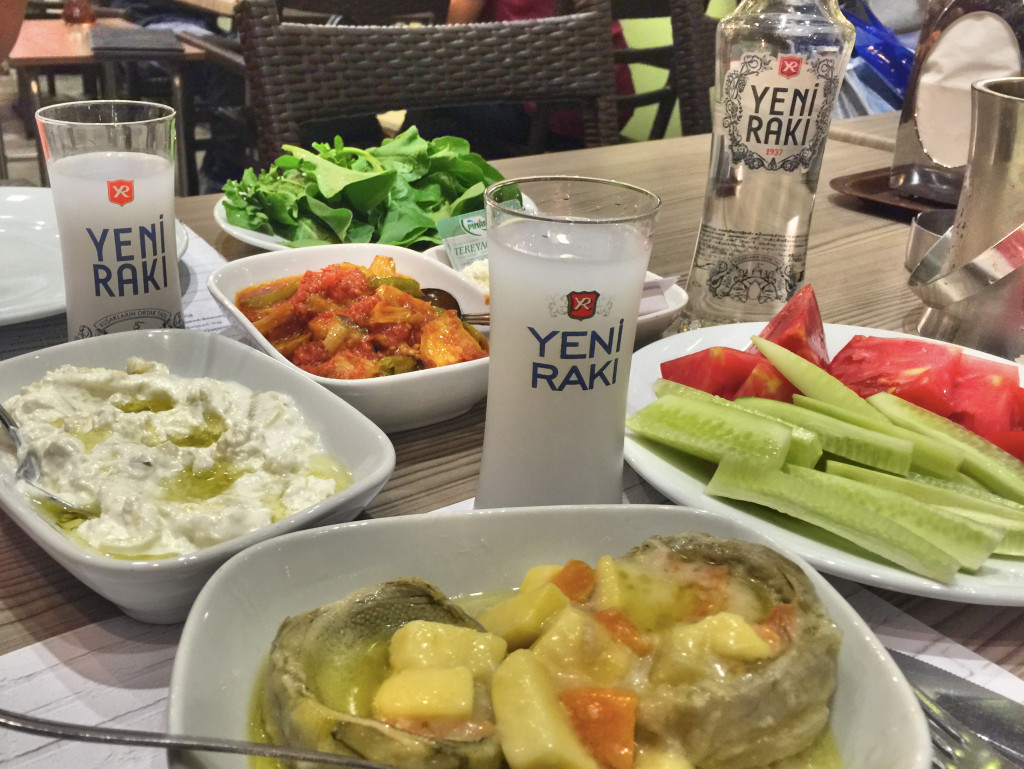 As long as I'm showing food, here's another meal, dinner this time. Artichoke, more eggplant yoghurt, veggies, and of course some raki.