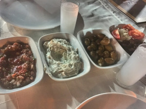 The start of a typical meal in Turkey - eggplant salad, yogurt with garlic & cucumber, olives, a meat dish, and raki, the perfect accompaniment to mezzes