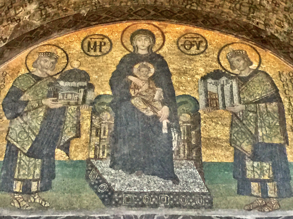 At one entrance to the church/museum, this glorious mosaic shows Mary and her baby, with Constantine on her right and Justinian (who built the church) on her left
