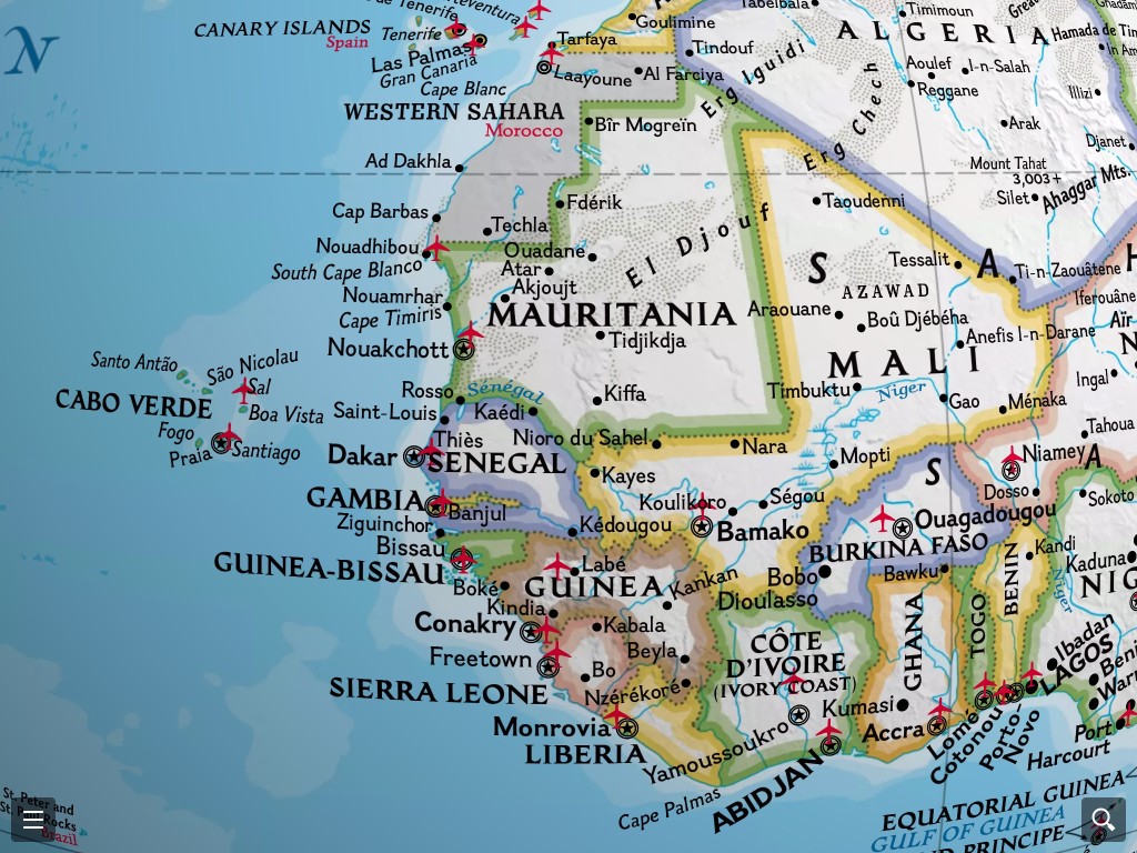 West Africa, showing The Gambia surrounded by Senegal. Notice the vertical line on the right, the Prime Meridian, showing just how far west these countries are.