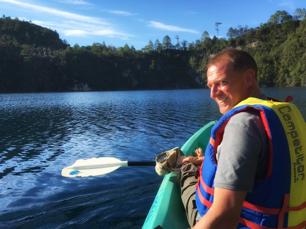 Late afternoon kayaking on a gorgeous Mexican lake near the Guatemalan border. Can it get more beautiful?