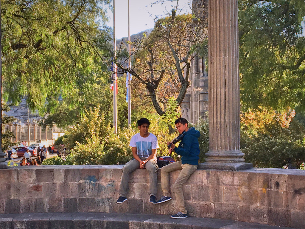 Finally, a scene from the main square in Quetzaltenango. At the center of the plaza is a rotunda of Ionic colums dedicated to a local composer, so it seemed appropriate that these guys were practicing their violin here.