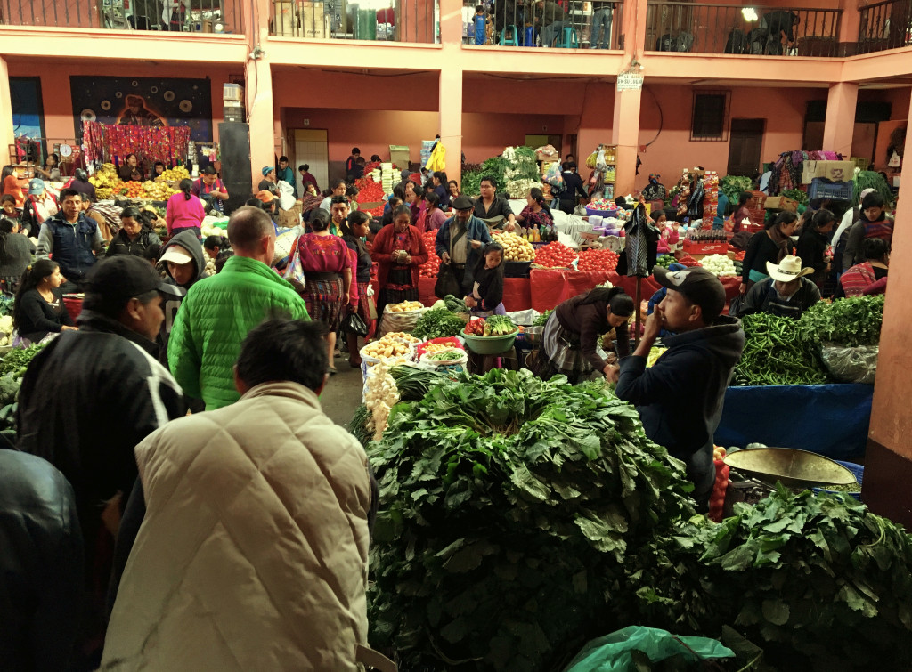 A huge vegetable market. With his green coat, Mark is never hard to find in a crowd.