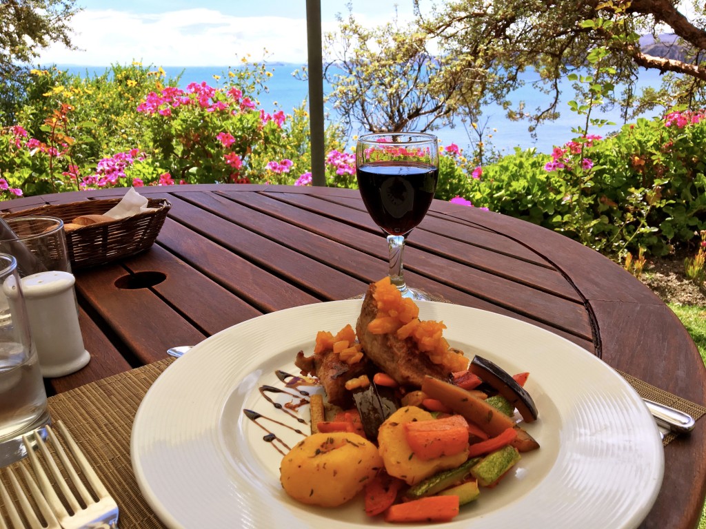 Lunch - typically trout from the lake - was served outdoors with grand views of the gardens and lake far below