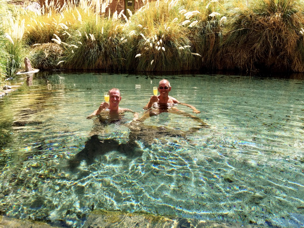 If they're offering pisco sours for lunch, in a naturally fed hot springs, who are we to say no?