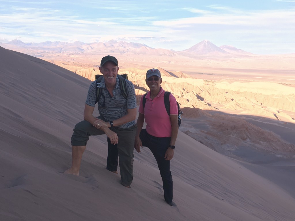 Here we are on the edge of a steep sand dune in Valley of the Moon, ankle-deep in the softest sand you've ever felt. Further down people were sand surfing, but we left that to the kids.