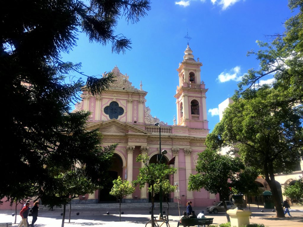 Salta's beautiful bubblegum-colored Cathedral, seen through the trees of the central plaza