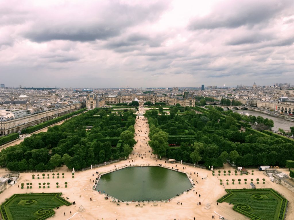 From the top of the ferris wheel, this view of the Tuilerie Gardens and the Louvre. If you know where to look you can see Notre Dame and even the Pantheon.