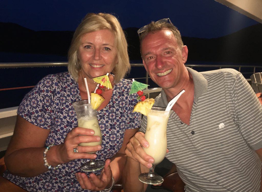 My favorite picture from the cruise, Mandi & Mark. It's worth noting that we don't drink those kind of fruity tropical drinks, so Mark is just holding her husband's drink. But he didn't like it either, so Mandi was a lot of fun as the night got going!