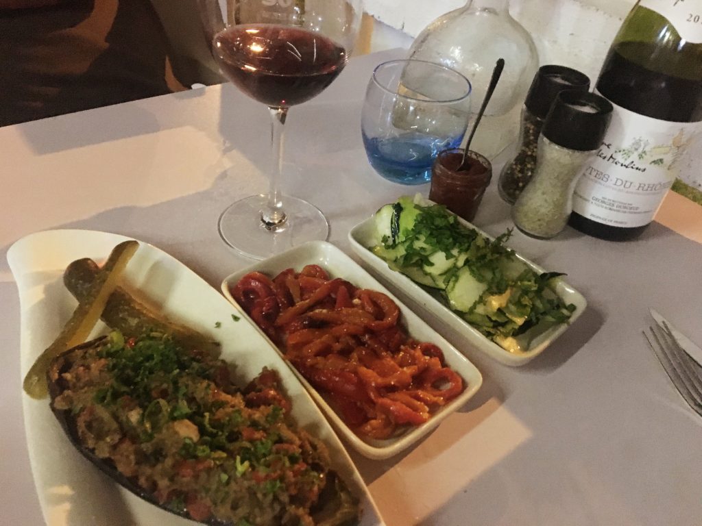 Some of the mezzes available at So Food. We had the eggplant dish on the left a couple times and we absolutely loved it. Mark was a big fan of the Tunisian harissa up near the top