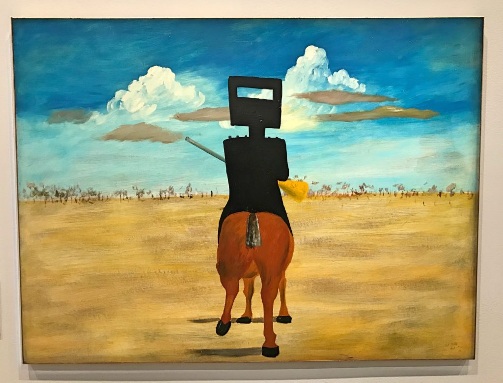 One room was entirely dedicated to 27 pieces Sidney Nolan painted in the mid-20th century about Ned Kelly. Who is Ned Kelly you ask? Well then, you're obviously not Australian. He was, I learned, Australia's most famous "bushranger", a legendary symbol of Australia's lawless frontier. Sort of Jesse James, I guess. Amazing what you can learn from going to an art museum.