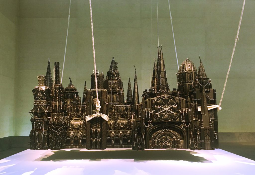 And finally, this was amazing. Xu Zhen is another contemporary Chinese artist. When you first walk into the room you can't figure out exactly what this is. Then you get closer and you see it's a castle. Made of leather. With all sorts of spikes and studs and handcuffs and ropes and chains. In other words, more provocative than Chinese authorities might allow if they realized what it was all about. You could spend hours contemplating all he was trying to say about contemporary Chinese society in this piece.