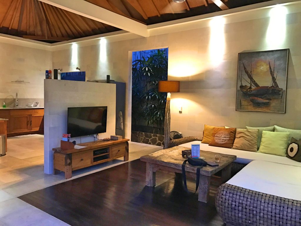 This is the living area from our villa. The kitchen is behind that little fake wall, and the dining area is around the corner. It was a great combination of indoor/outdoor living, with no wall at all separating you from the pool area.