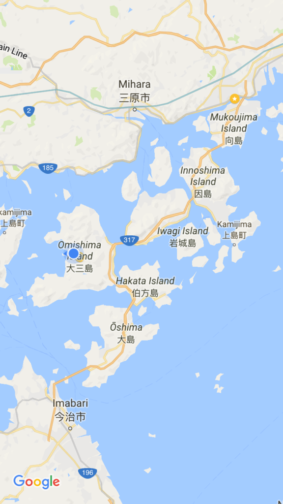 In case you were wondering, these are the islands we hopped across, connecting Shikoku to Honshu. The blue dot is where we stayed en route and the yellow star at the top was our hotel the last night, finally back on Honshu.