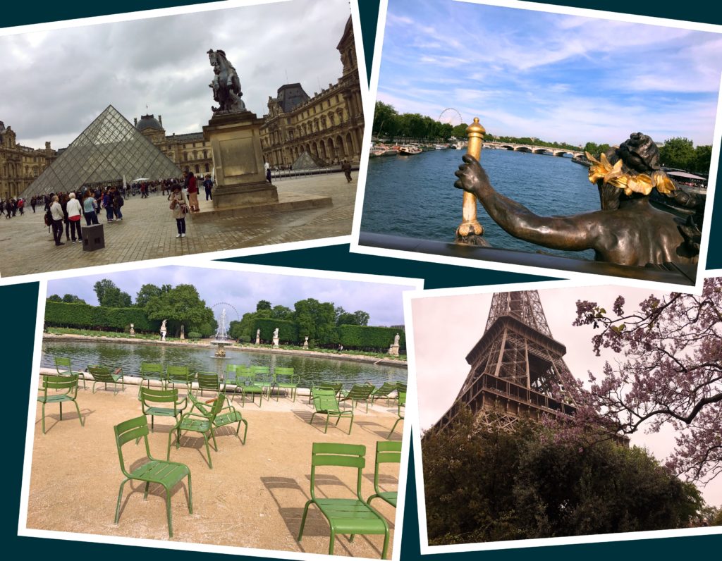 So very Paris. Clockwise from the upper left that's the Louvre, the Seine, the Eiffel Tower, and empty chairs (because of the rain; otherwise they're full) in the Tuileries.
