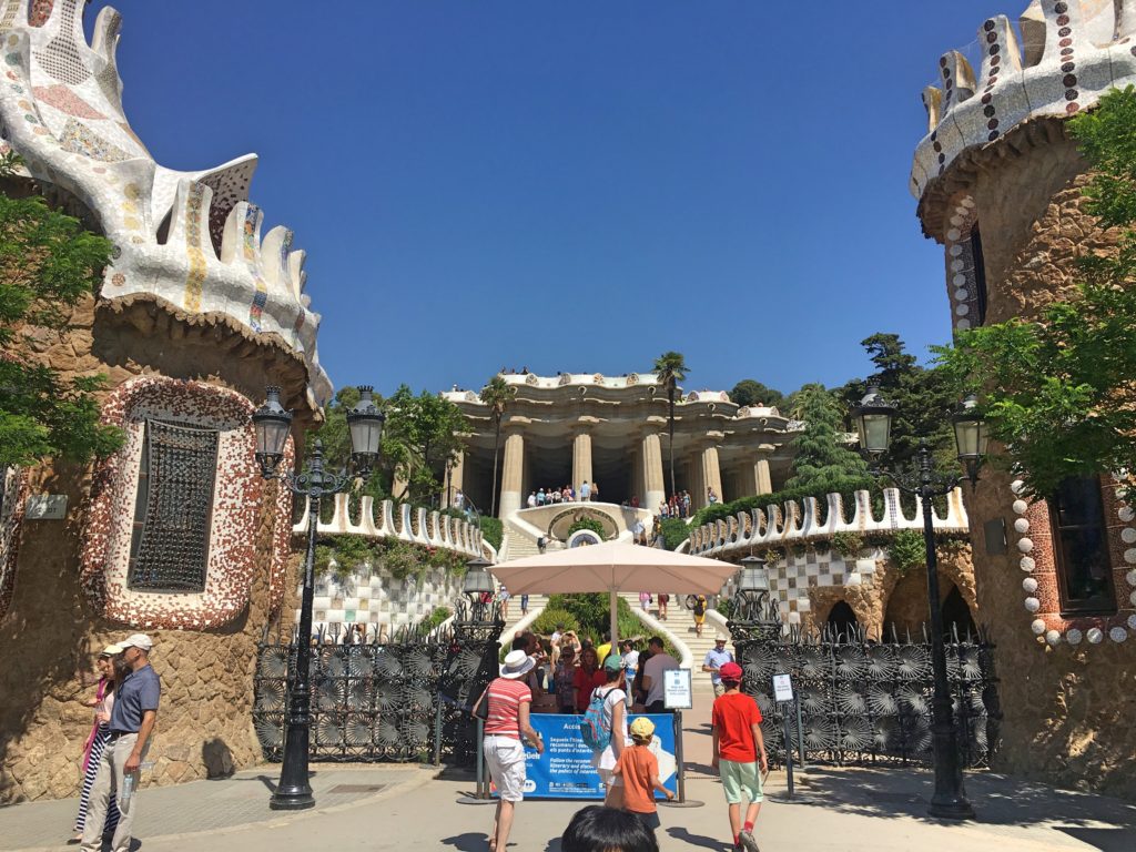 Mark & I left our hotel one morning heading off to Park Güell, a big park northwest of the city center designed by Gaudí and part of the whole UNESCO World Heritage homage to him. Imagine our surprise when we got there at maybe 10:30 AM and saw a sign indicating that the next entrance tickets available were for 7:30 PM! So this is as close as we got.